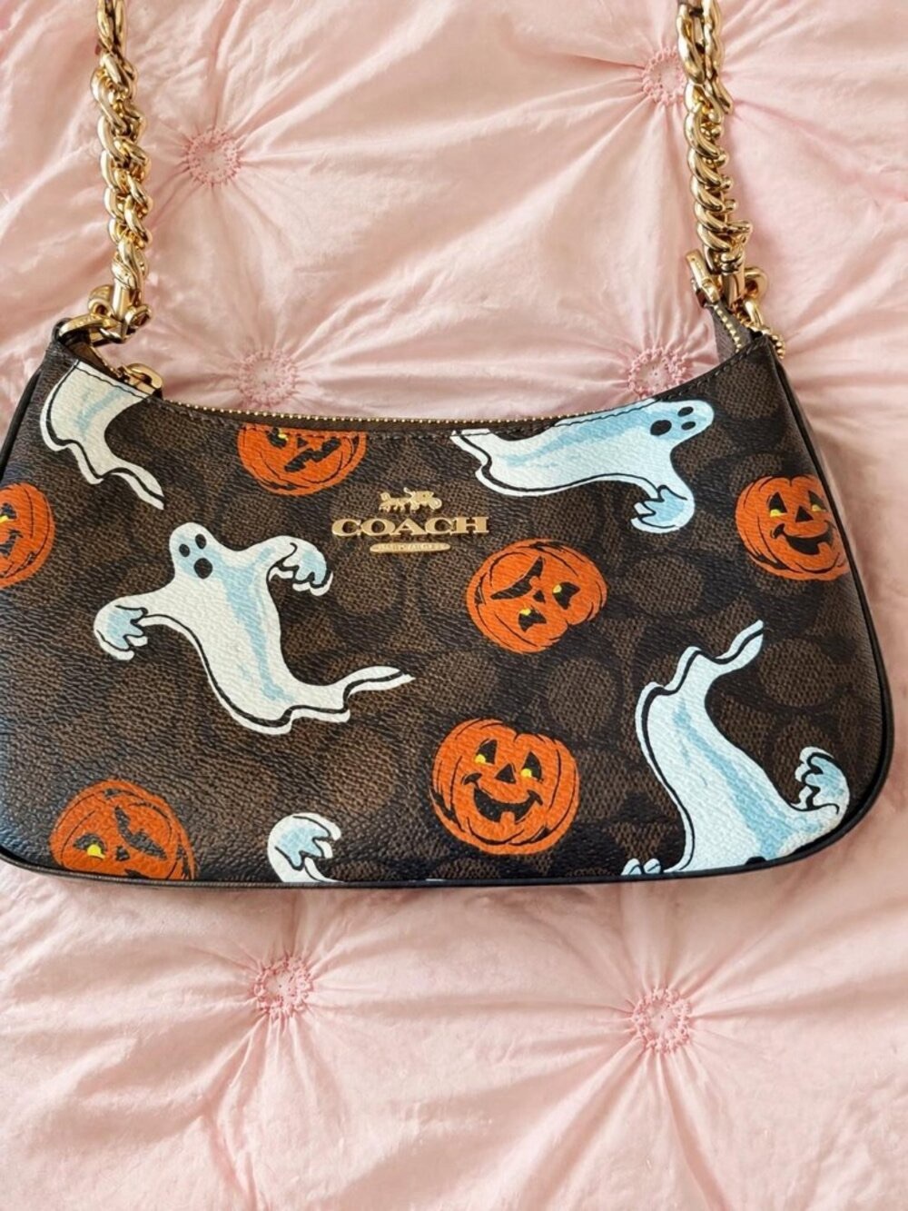 Coach Brown Halloween Ghost & Pumpkin Shoulder Bag with Gold Chain - Picture 2 of 6